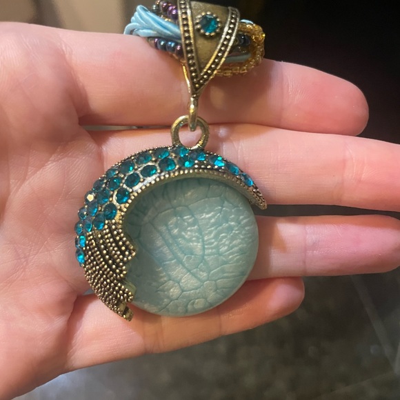 Boho Circle Beaded Turquoise Pendant with Rhinestones - Picture 2 of 2